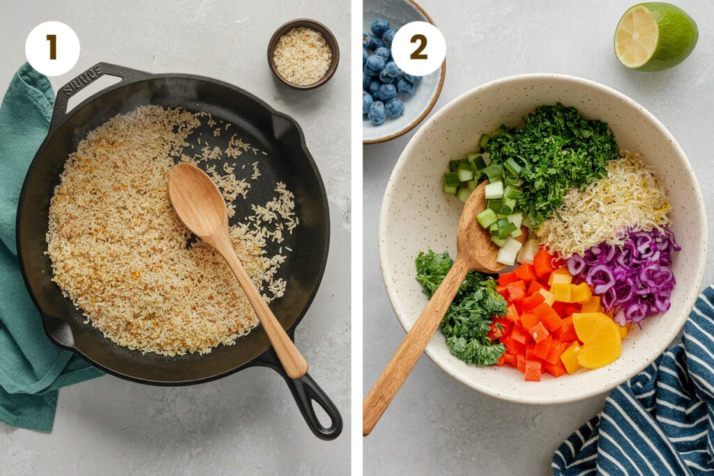 Crispy rice cooking in a skillet for rice salad