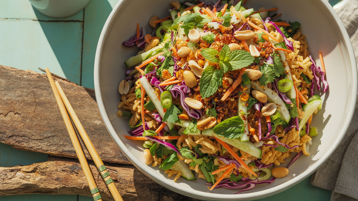 Crispy rice salad with vegetables and herbs in a white bowl