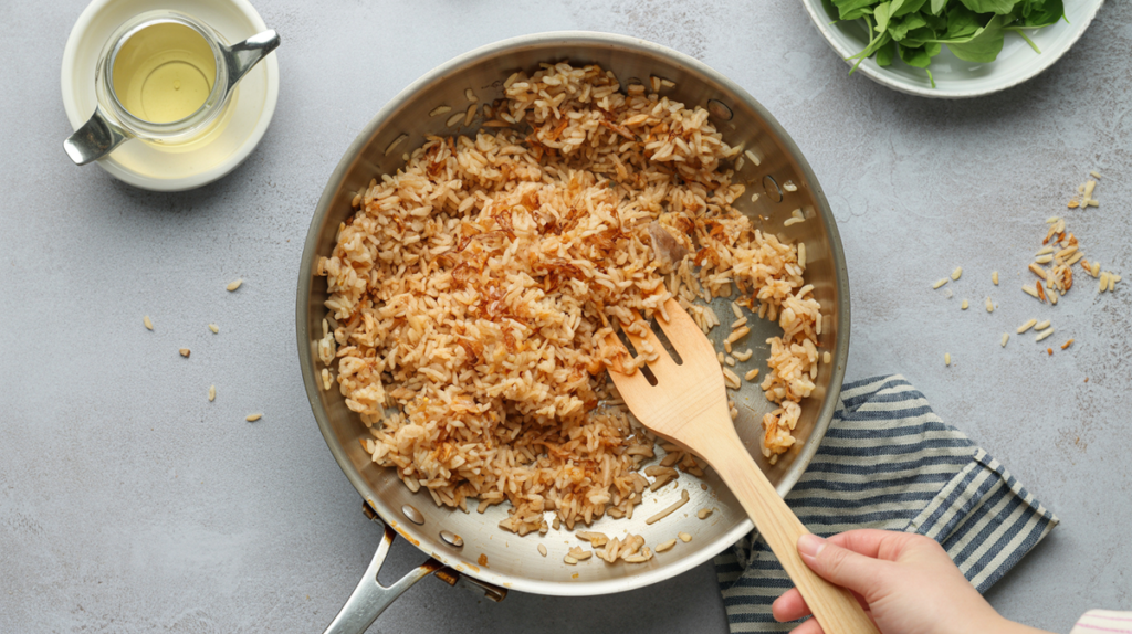 Pan-frying rice until golden and crispy in a stainless steel skillet