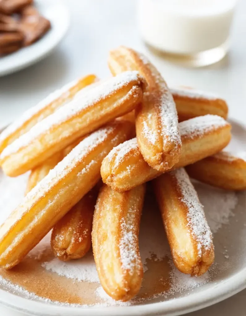 Air fryer churros dusted with powdered sugar on a white plate