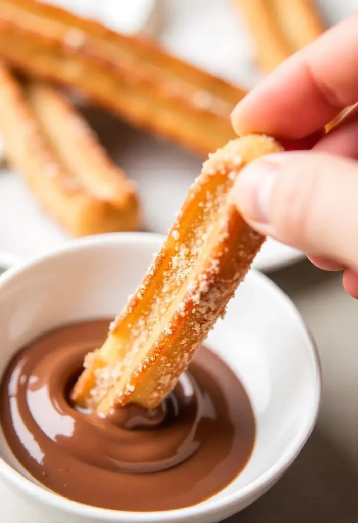 Hand dipping an air fryer churro into chocolate sauce