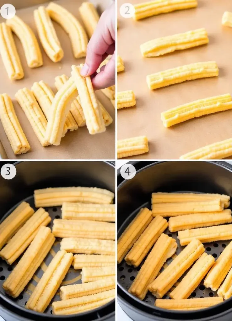 Step-by-step images of making churros in an air fryer from piping to cooking