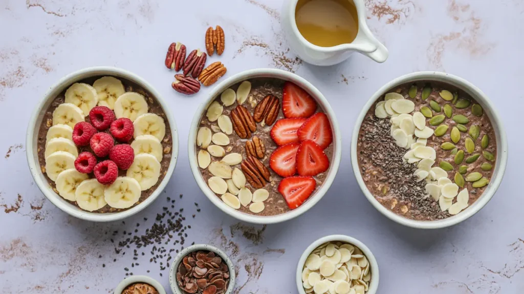 Chocolate oatmeal with toppings like peanut butter and nuts
