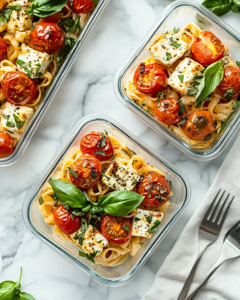 Glass containers filled with baked feta pasta, fresh basil, and cherry tomatoes on a marble surface