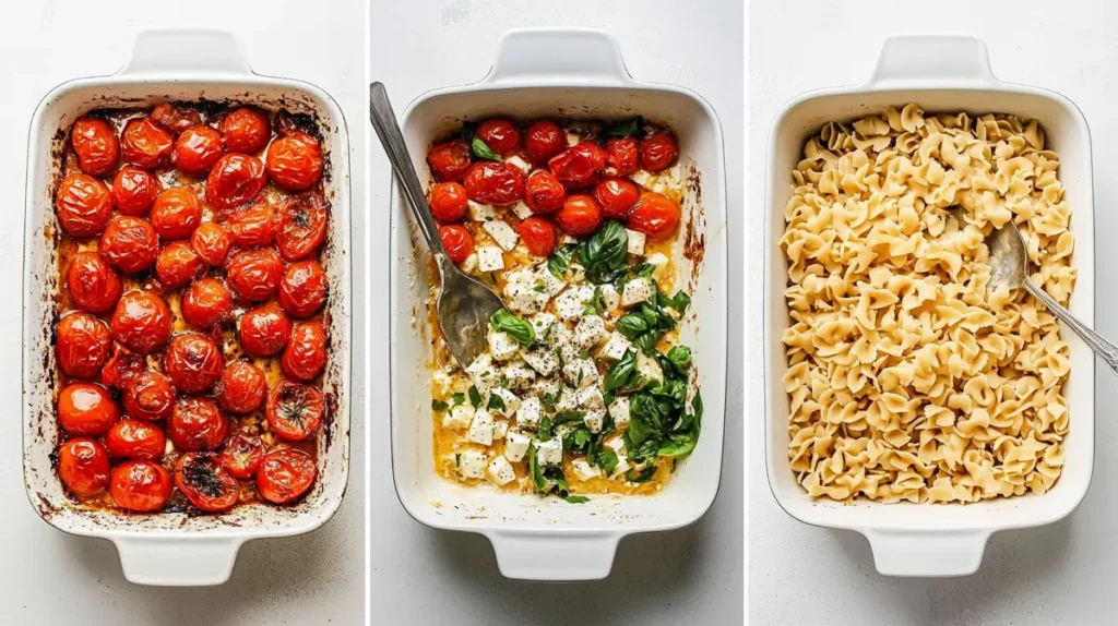 Step-by-step images showing basil, mixing feta and tomatoes, and final pasta integration