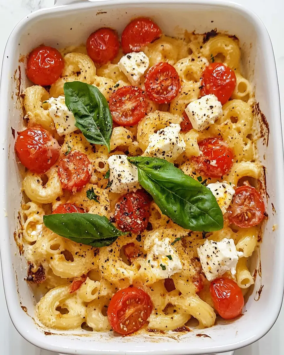 Baked feta pasta with cherry tomatoes, cavatappi, and basil in a white dish