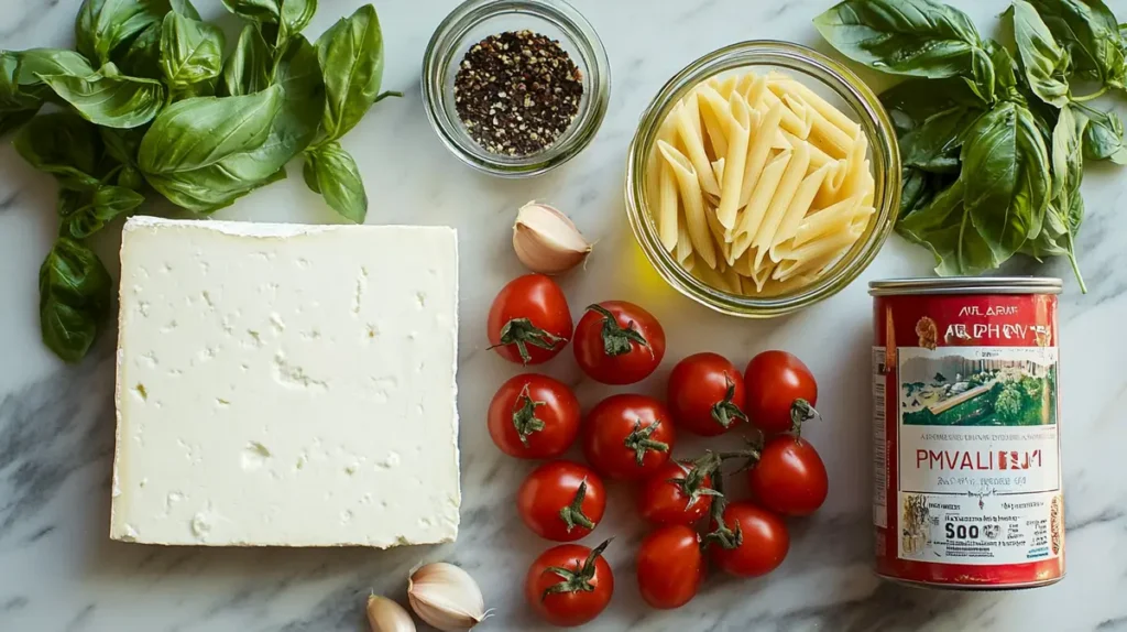 Flat lay of baked feta pasta ingredients including penne, feta cheese, cherry tomatoes, garlic, olive oil, and basil