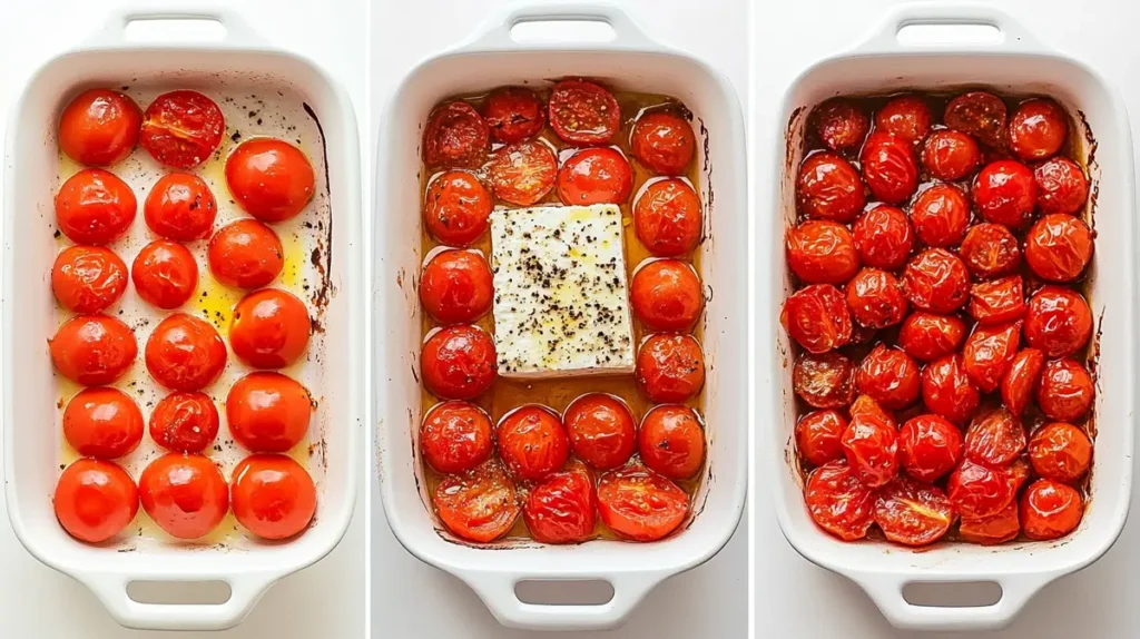 Step-by-step images showing cherry tomatoes and feta before and after roasting