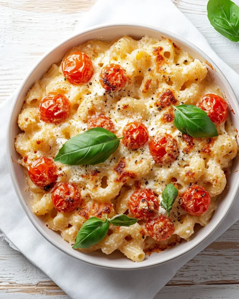 Baked feta pasta served in a white bowl with roasted cherry tomatoes and basil