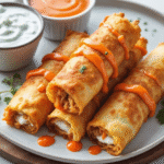 Golden buffalo chicken egg rolls topped with buffalo sauce, served with ranch and blue cheese dips