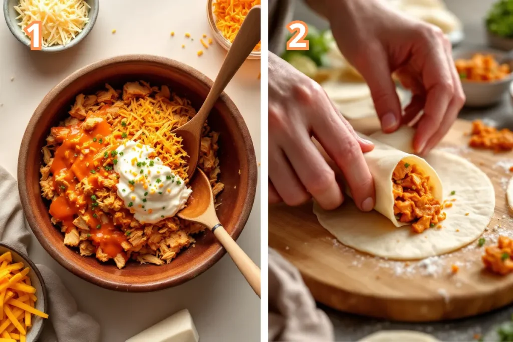 Mixing buffalo chicken filling and rolling it into egg roll wrappers