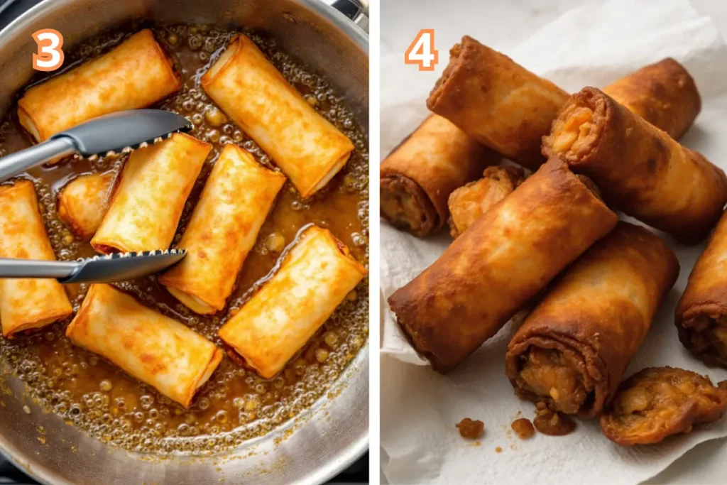 Frying buffalo chicken egg rolls in oil and draining them on paper towels