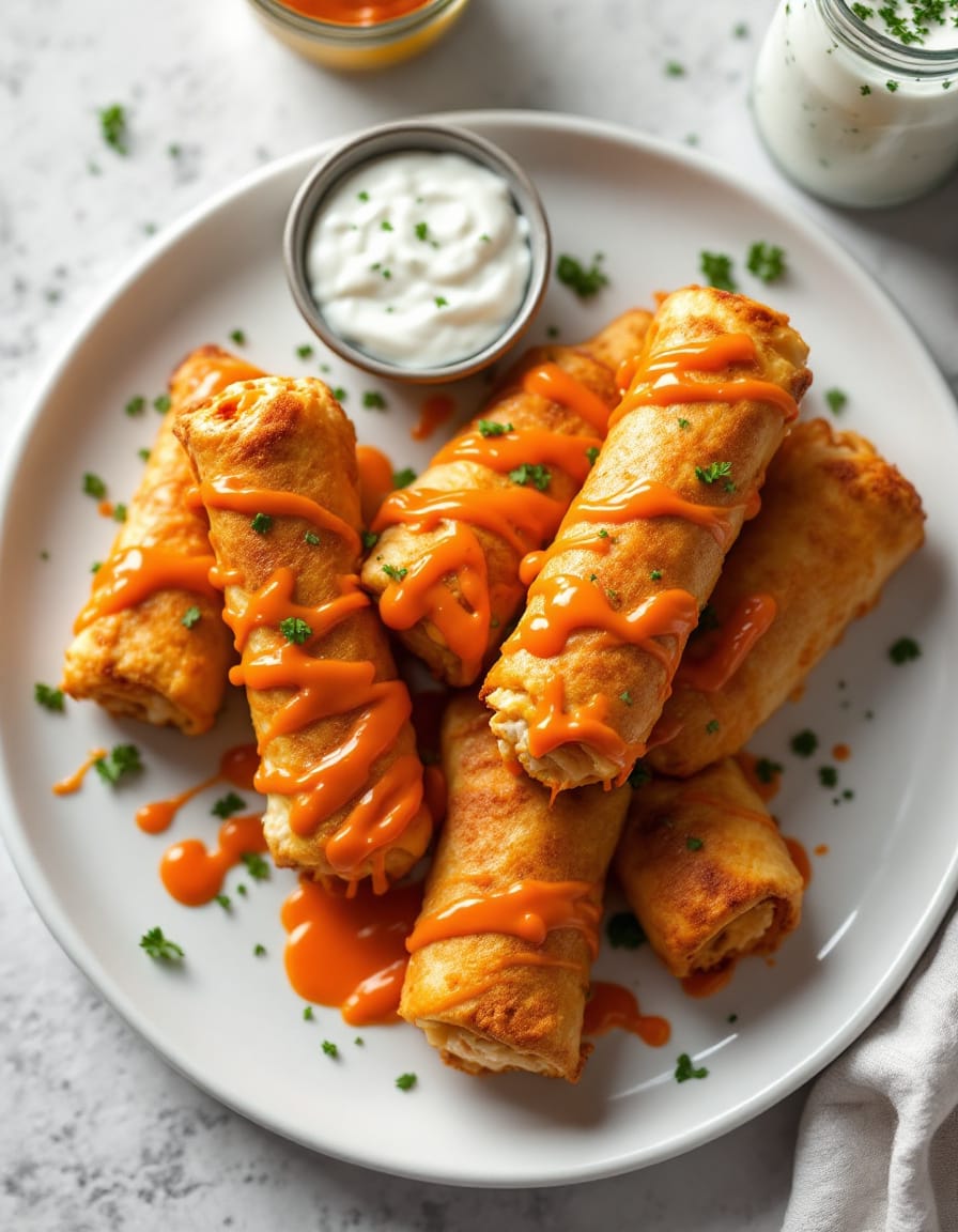 Crispy buffalo chicken egg rolls with celery sticks served on a platter with ranch dressing