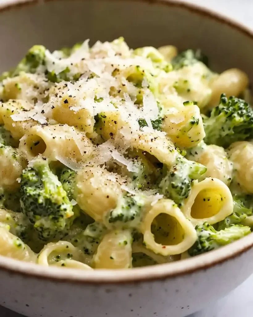 Close-up of creamy vegan broccoli pasta with shell pasta and black pepper