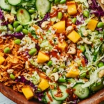 Fully mixed crunchy rice salad with crispy rice, vegetables, and creamy tahini dressing
