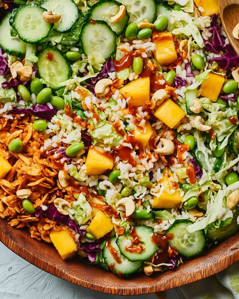 Fully mixed crunchy rice salad with crispy rice, vegetables, and creamy tahini dressing