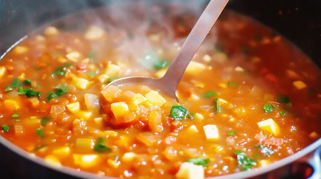 immering Minestrone Soup with Vegetables and Herbs in a Pot