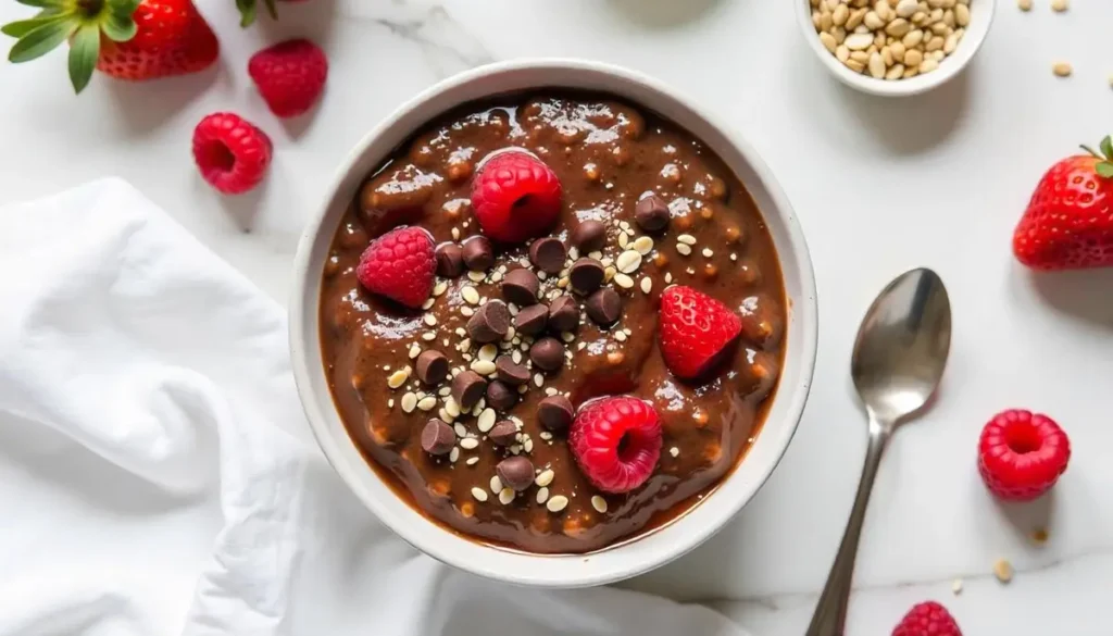 Creamy chocolate oatmeal topped with raspberries and chocolate chips