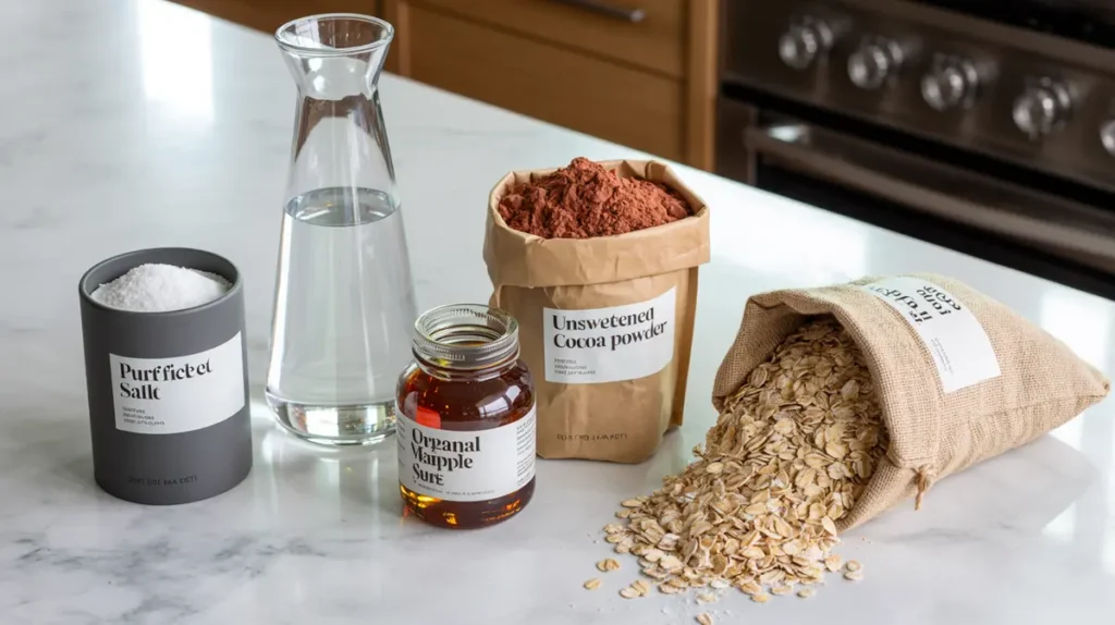 Chocolate oatmeal ingredients on countertop