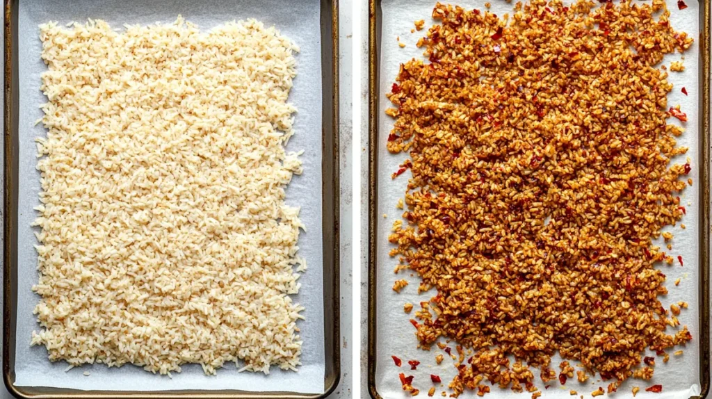 Side-by-side comparison of rice before and after baking to crispy texture