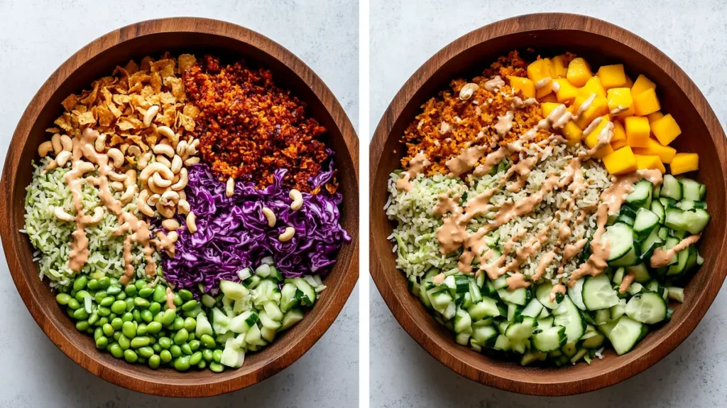 Crunchy rice salad topped with crispy rice and drizzled with creamy chili-tahini dressing