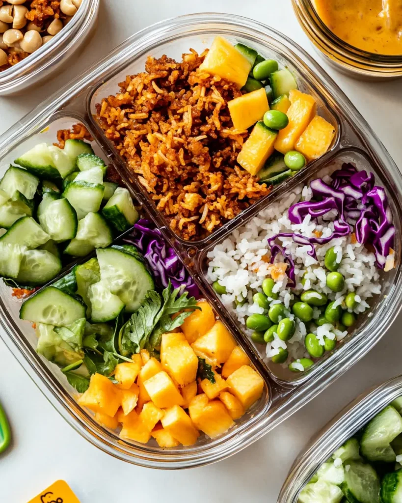 Crunchy rice salad stored in glass meal prep containers with dressing on the side