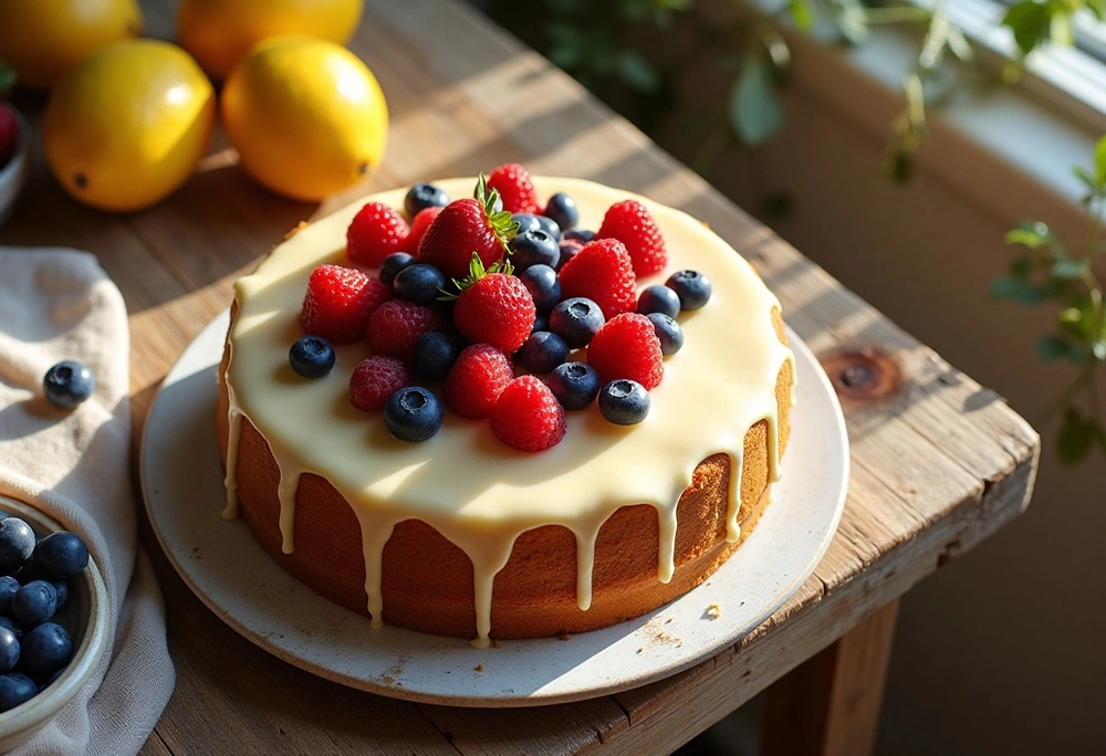 Hear me out cake with glaze and berries