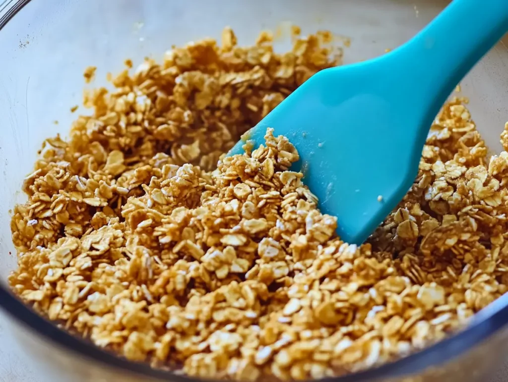 Sticky oat and crispy rice mixture being stirred in a bowl
