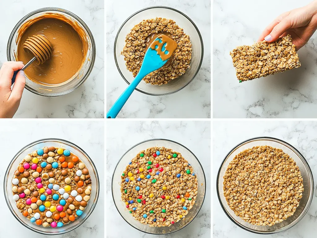 Step-by-step collage of no-bake granola bar recipe with oats, candy, and chocolate