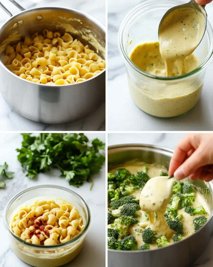 Step-by-step process of making creamy vegan broccoli pasta with shells, broccoli, cashew sauce, and pasta water