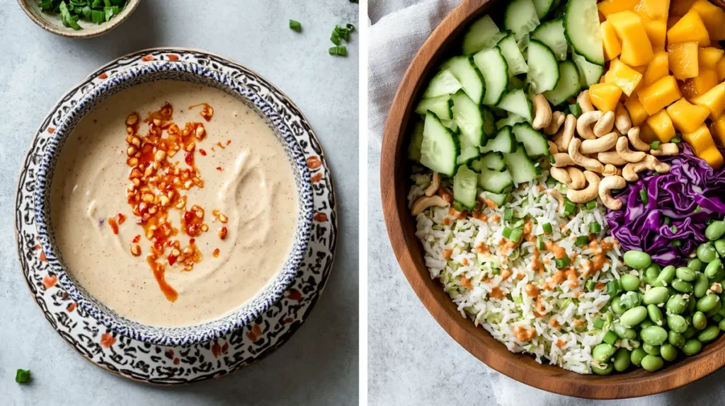 Tahini chili dressing and prepped crunchy rice salad ingredients in a wooden bowl