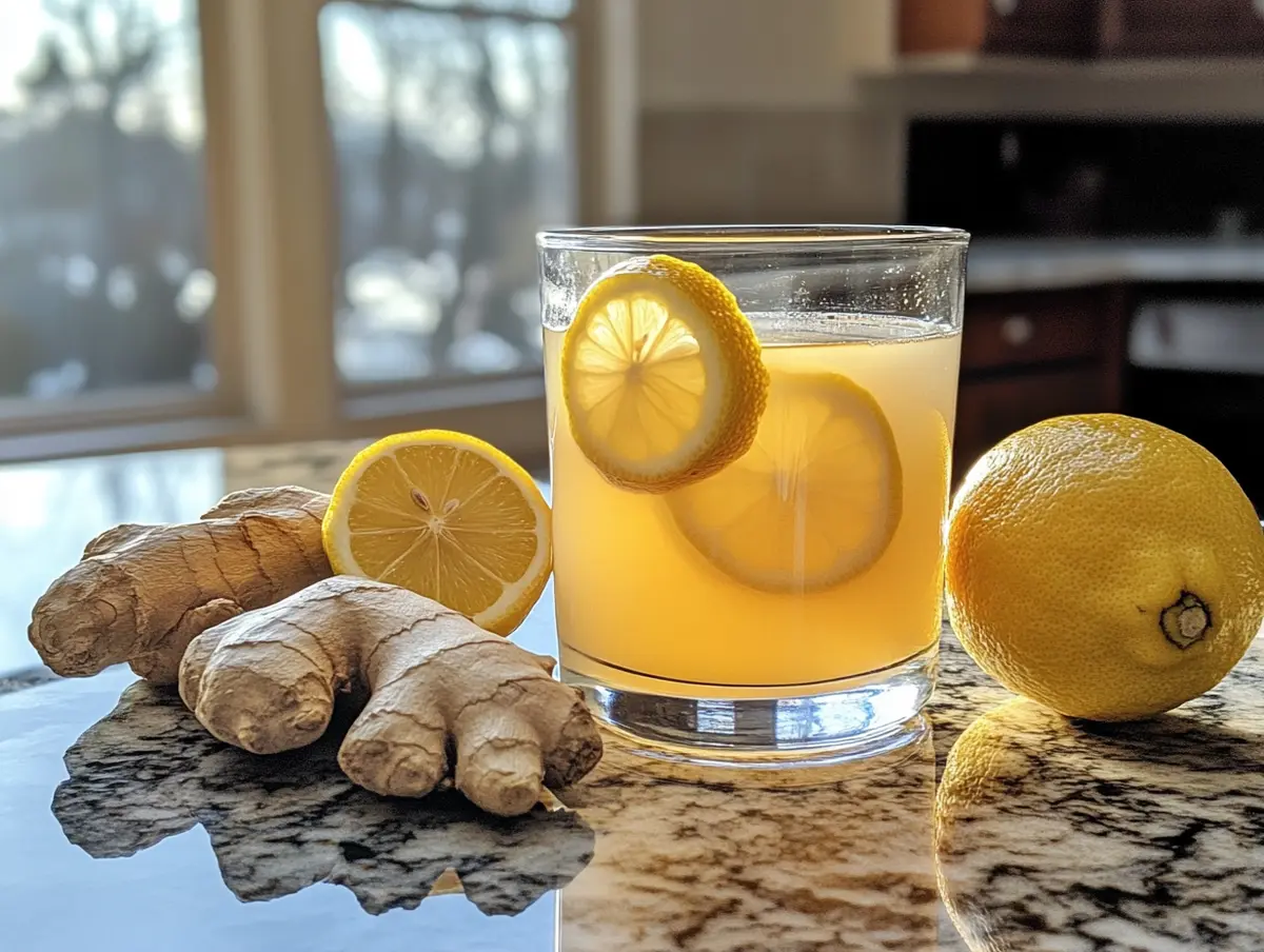 Brazilian Mounjaro recipe drink with lemon and ginger on a countertop