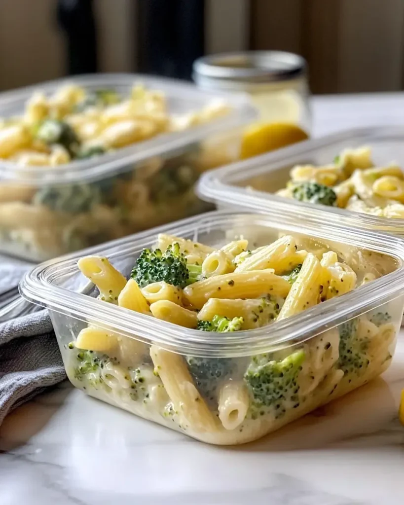 Creamy vegan broccoli pasta stored in glass containers for meal prep and reheating