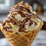 Banana fudge Blue Bell ice cream in waffle cone