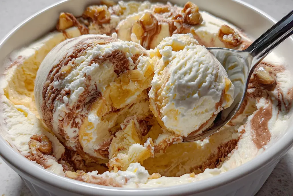 Banana fudge Blue Bell ice cream scoop close-up