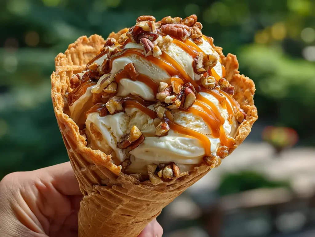 butter pecan ice cream recipe cone with caramel and pecans