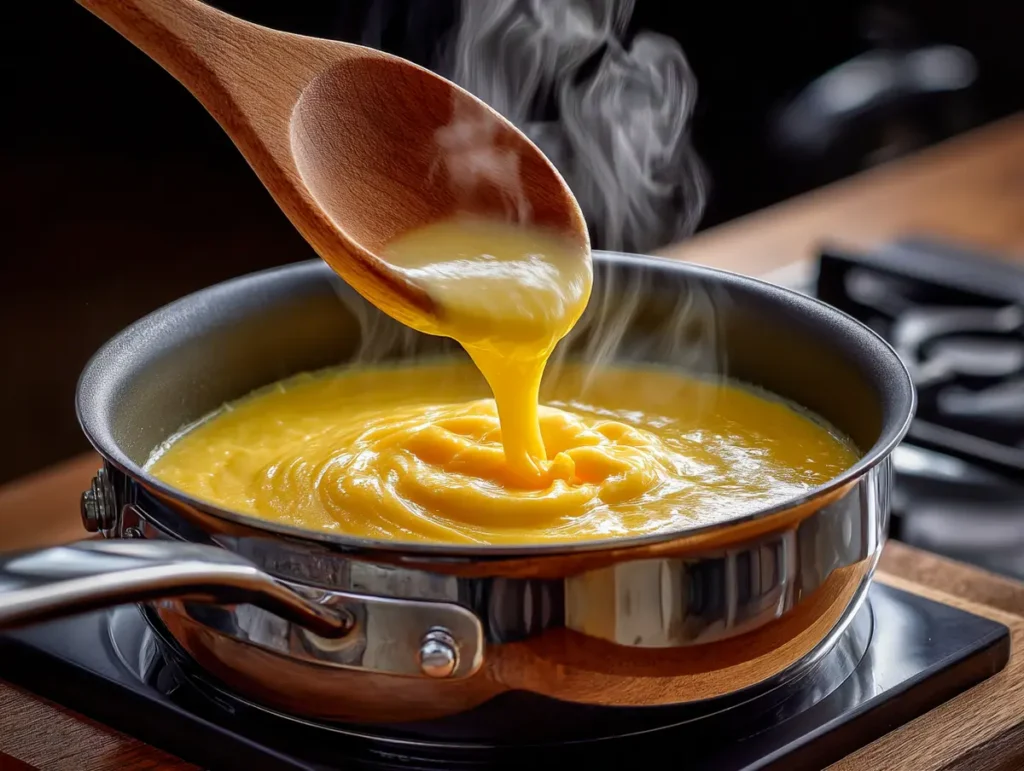 stirring custard base for butter pecan ice cream