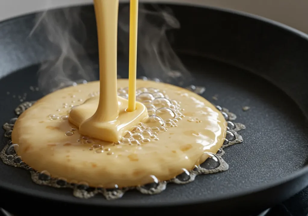 Cooking Martha Stewart pancake recipe on skillet