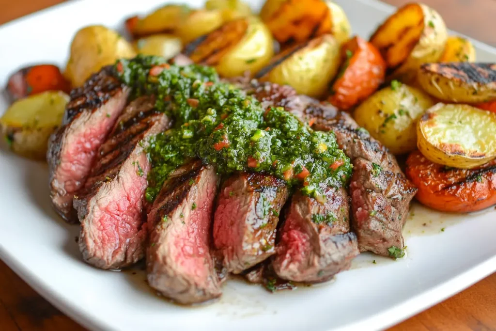 grilled hanger steak served with chimichurri and sides