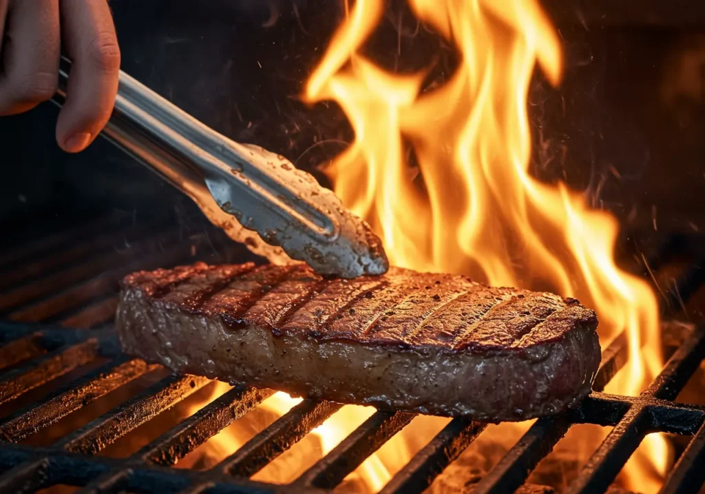 grilling hanger steak over open flame