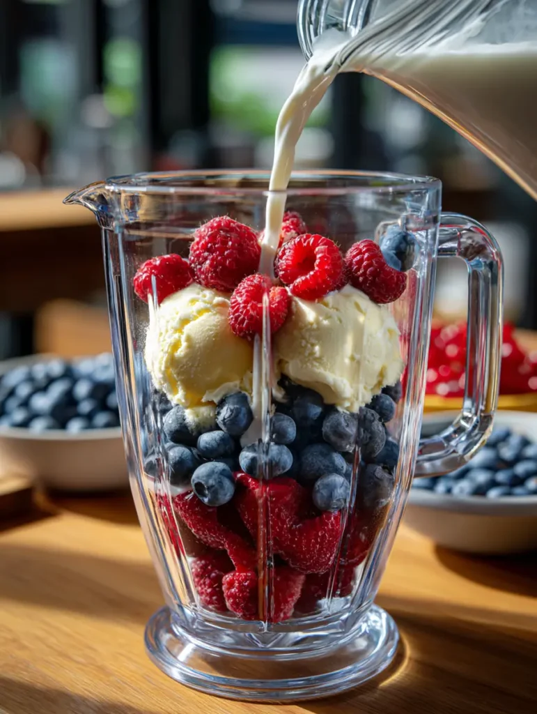 Ice cream, berries, and milk added to blender for Grimace Shake
