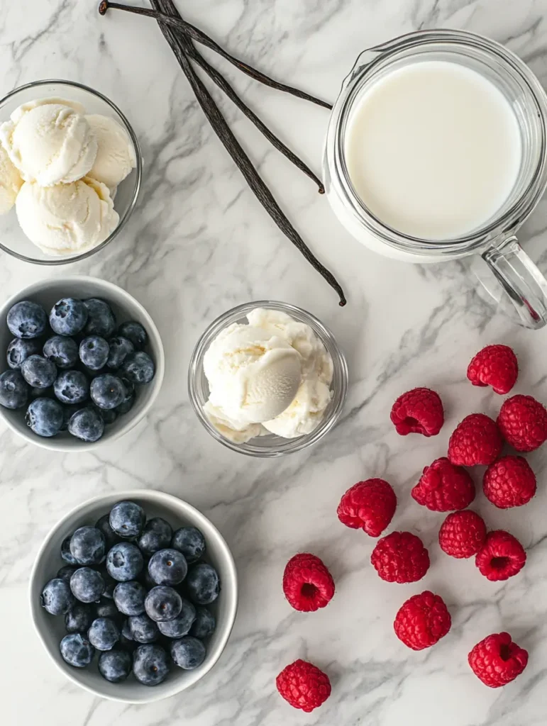 Ingredients for homemade Grimace Shake with berries and vanilla