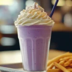 Grimace Shake with whipped cream on a fast food tray