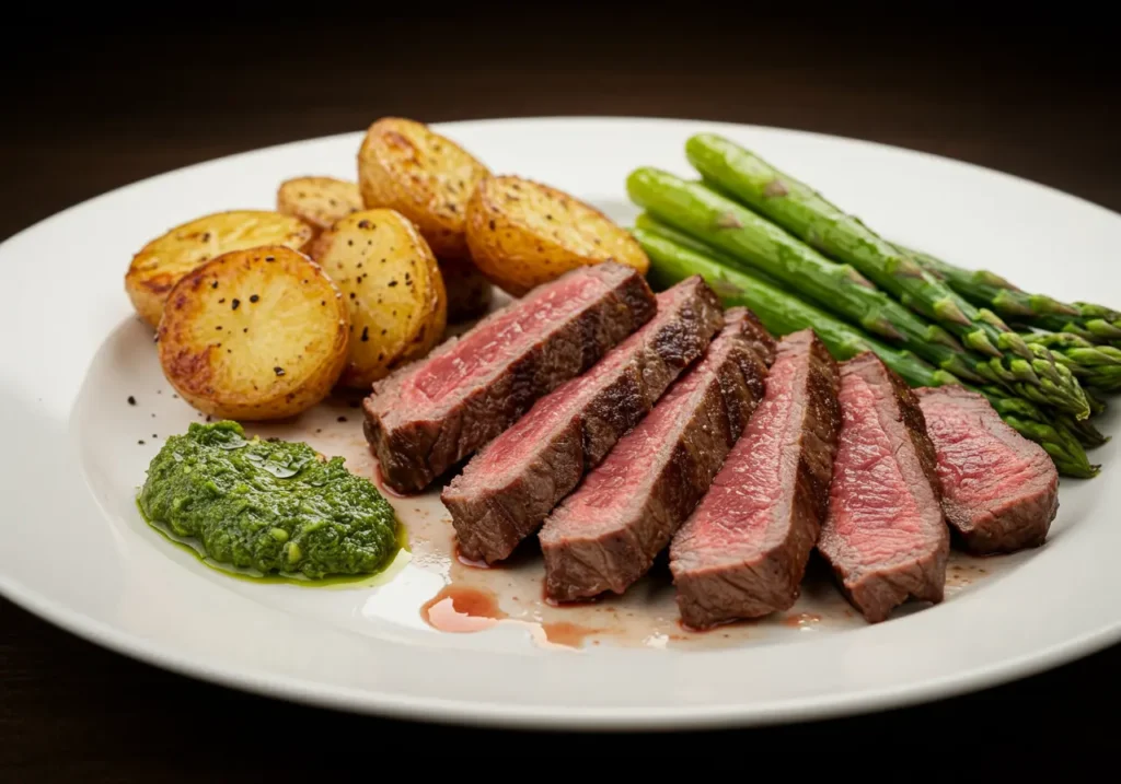 sliced hanger steak with roasted sides