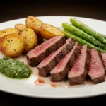 sliced hanger steak with roasted sides