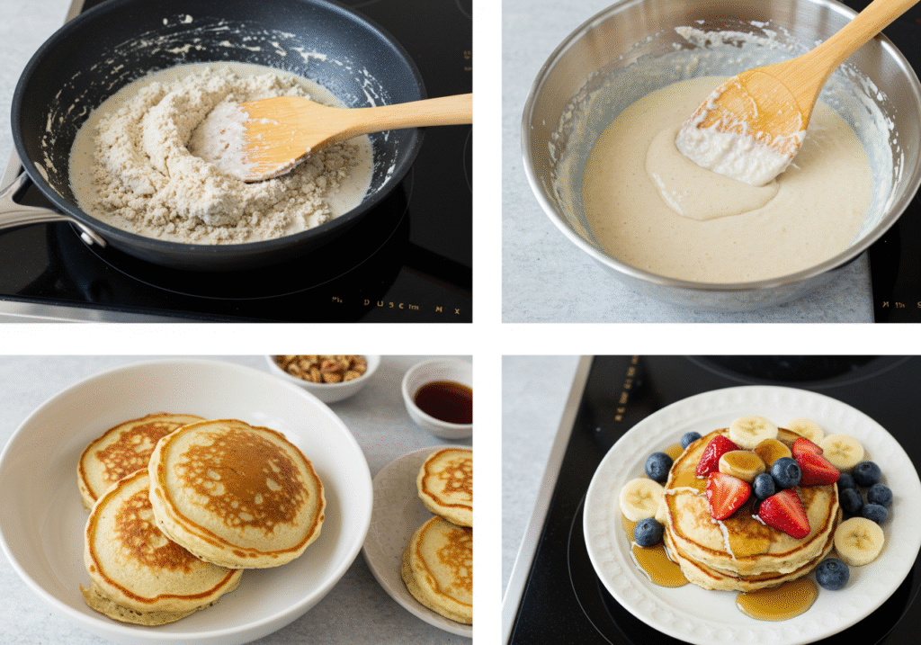 Step-by-step process of cooking Millville protein pancakes with mix, batter, skillet, and plated pancakes