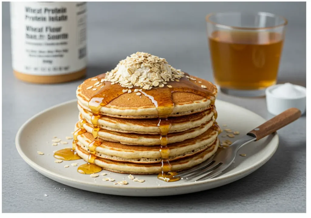 Millville protein pancakes stacked with syrup and oats on a plate