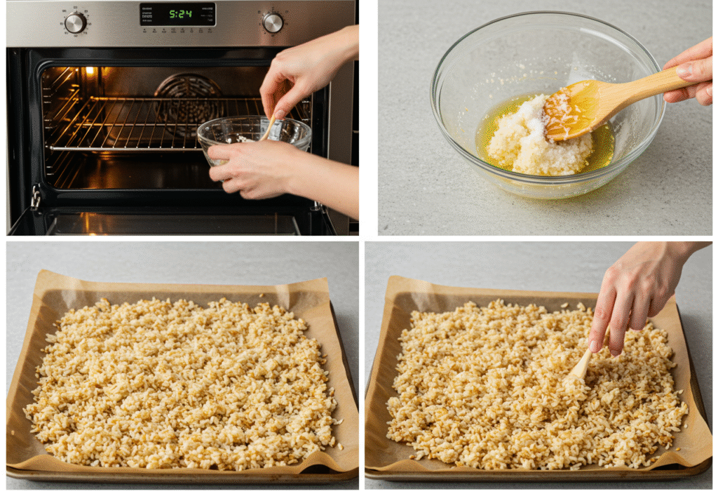 Step-by-step oven method for making crispy rice for salad