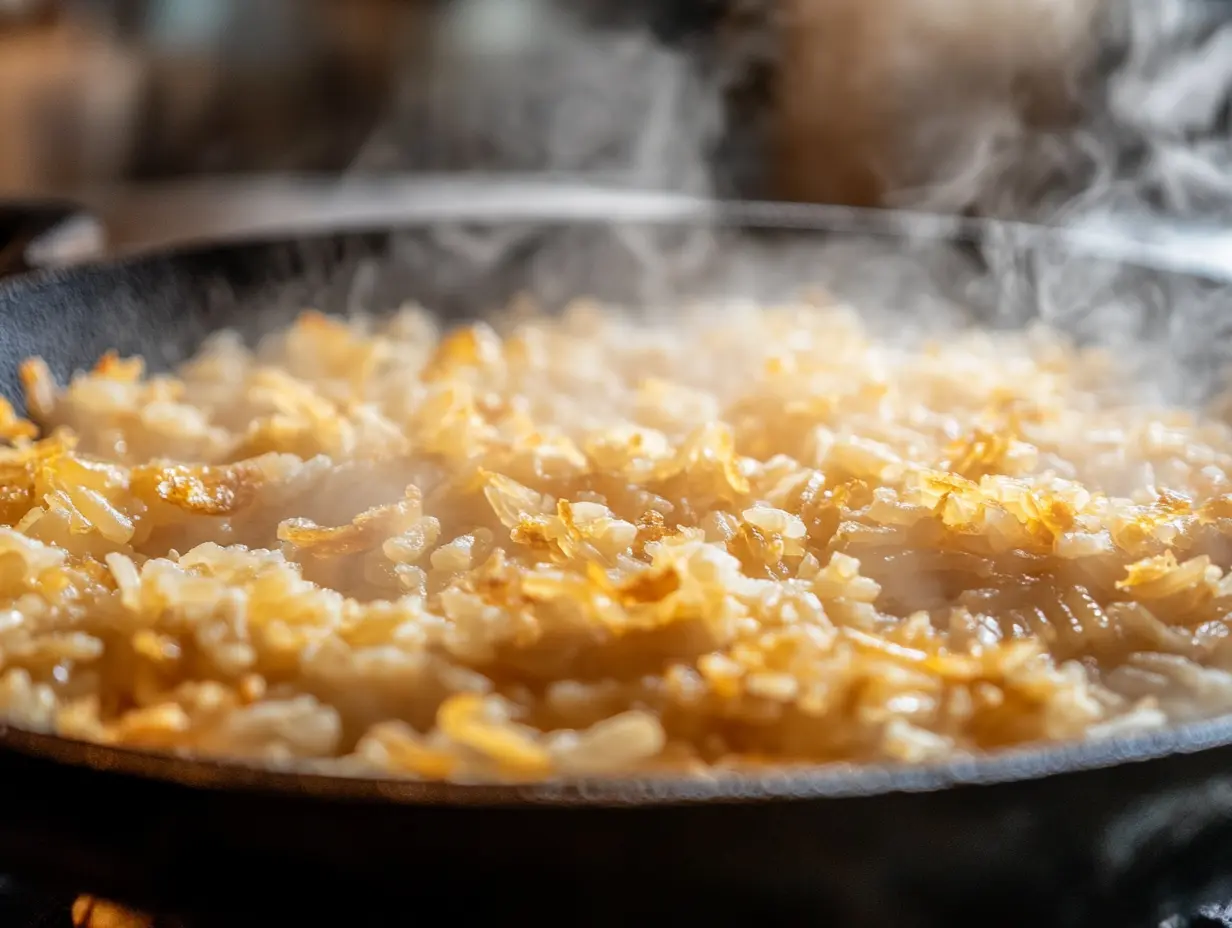 Close-up of pan-fried crispy rice for salad with golden edges and steam