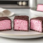 Close-up of Pink Bounty Bars with coconut and dark chocolate